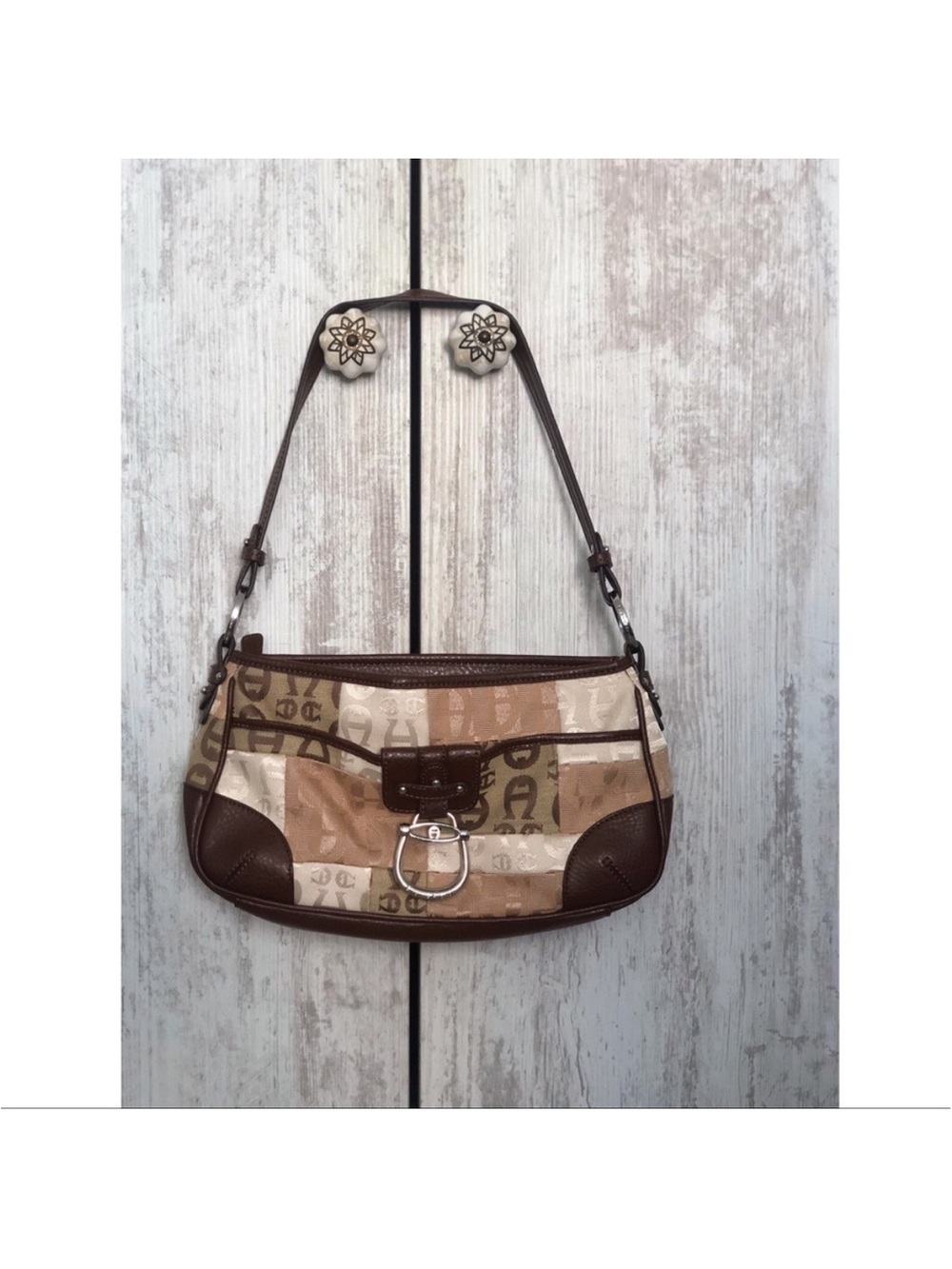 Designer-Inspired Brown and Cream Patterned Shoulder Bag